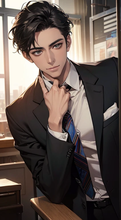 (Highest quality,4K,8K,High resolution,masterpiece:1.2),Super detailed,(Realistic,photoRealistic,photo-Realistic:1.37),1 person,34 years old,Mature Men,Beautiful skin、very handsome,Expressionless smile in love,Short gray black hair,green eyes,Sharp Eyes,A perfect face without a doubt,Businessman, CEO, Office Background,Cinema Lighting,HDR image,tie、
