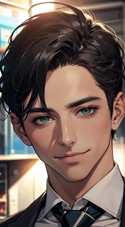 (Highest quality,4K,8K,High resolution,masterpiece:1.2),Super detailed,(Realistic,photoRealistic,photo-Realistic:1.37),1 person,34 years old,Mature Men,Beautiful skin、very handsome,Expressionless smile in love,Short gray black hair,green eyes,Sharp Eyes,A perfect face without a doubt,Businessman, CEO, Office Background,Cinema Lighting,HDR image,tie、