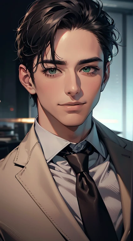 (Highest quality,4K,8K,High resolution,masterpiece:1.2),Super detailed,(Realistic,photoRealistic,photo-Realistic:1.37),1 person,34 years old,Mature Men,Beautiful skin、very handsome,Expressionless smile in love,Short gray black hair,green eyes,Sharp Eyes,A perfect face without a doubt,Businessman, CEO, Office Background,Cinema Lighting,HDR image,tie、