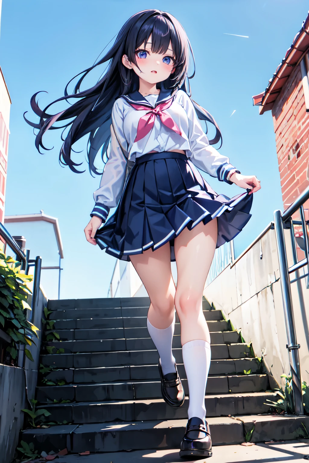 8K Ultra HD、Digital Single-lenS reflex camera、High reSolution、Shallow depth of field、Natural light、(((Sailor Suit)))、(((Dark blue Super mini Skirt)))、(((full body Shot)))、Small perSon、(((Young Face)))、1 JapaneSe girl、S old; beiful girl、(Black Hair)、(((brown eyeS)))、GloSSy Skin、Smooth thin hair、Long Hair、Detailed Background、highly detailed eyeS and face、clear eyeS、cute Smile、Calm atmoSphere、(((climb the StairS)))、(((I have a bag)))、(((detailed Small breaStS)))、(((beautiful eyeS)))、Flat chest、The kids `S、(((tight thighS)))、(((pink pantieS)))、(((Angle from below) ))、(((detailed lipS)))、(((The Skirt iS fluttering)))、beautiful Shining legS、((nSfw))