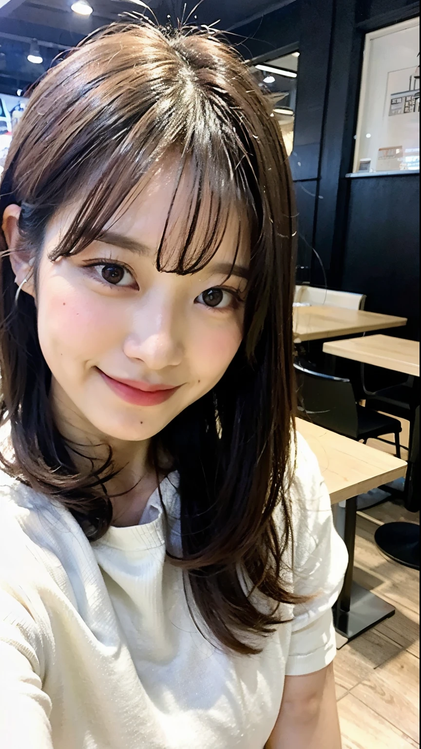 (Highest quality、8k、32K、masterpiece、Hmph:1.2)、Japanese, Early 20s, Taking a selfie, Cafe Background:1.2、Beaver、White blouse、Laughter、Beautiful Face、(Hunchback:1.3)、squat、(From above:1.2)、(Close-up:1.4)、throw、Big ample breasts、(Beautiful nipple exposure:0.9)、Inside a love hotel、Wind、Glowing Skin、Blurred Background、