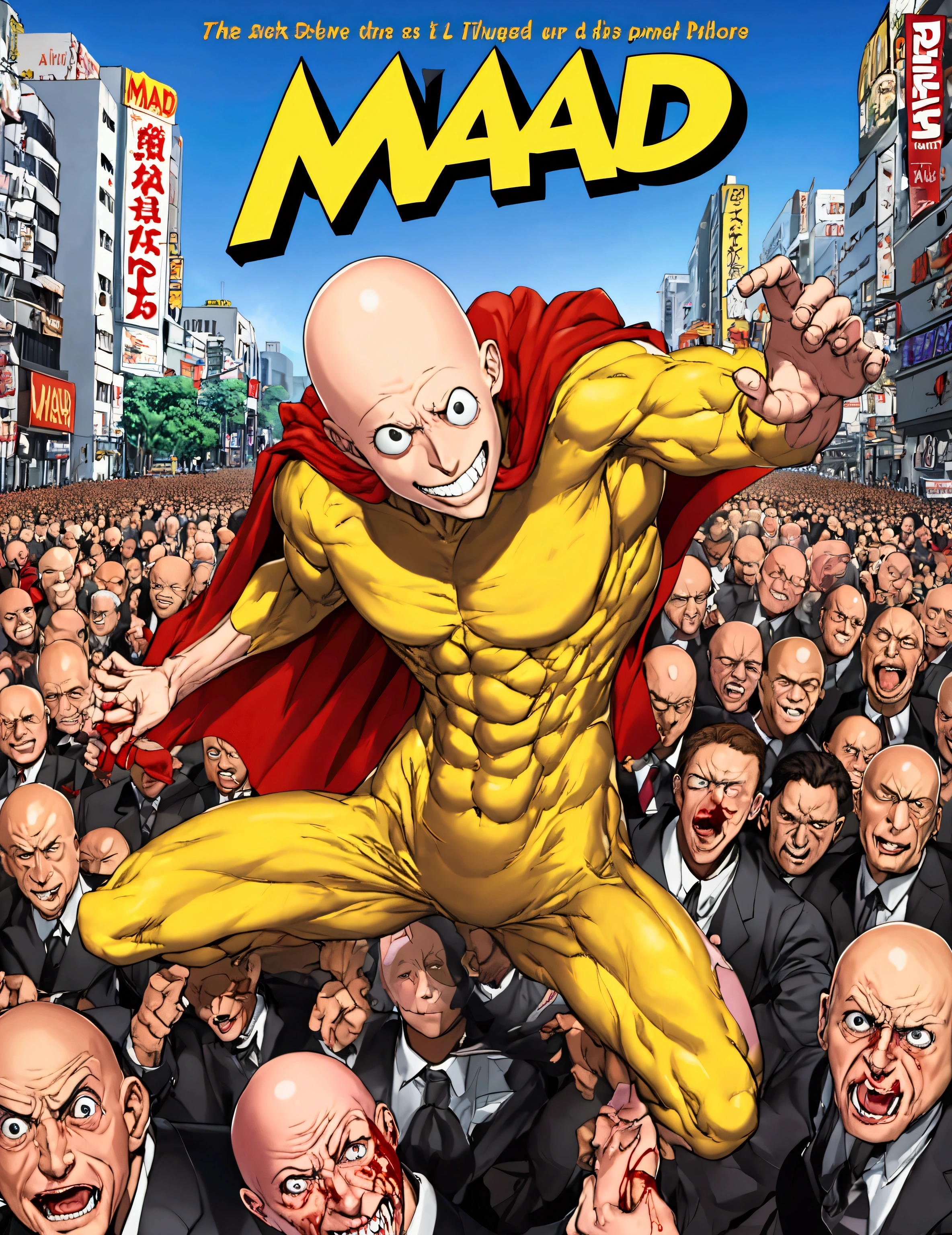 (Mad Magazine cover) (A muscular bald man with a wide grin, a classic Alfred E. Neuman face, classic Saitama pajama outfit with blanket cape) in a heroic one-punch pose, the bloody remains of a monster strewn across a panicked crowd in downtown Tokyo, dynamic action, cinematic lighting, digital painting, highly detailed, 8k, photorealistic, dynamic composition, dramatic atmosphere, striking colors, vibrant (title across the top MAD)