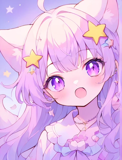 neondskdrmsxl, Fraction_9_up, Fraction_8_up, Fraction_7_Direction_6_up, 1 Girl, Solitary, Soft colors, open mouth, purple long hair, Star , (Symbolism), Star Hair accessories, Hair accessories, Double tail, looking at the audience, purple eyes, pastel neon lighting, source_Japanese cartoons, neon, neon theme , 