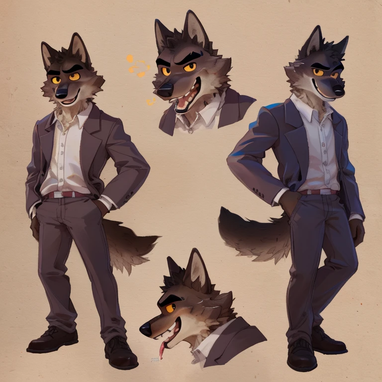 Mr. Wolf (The Bad Guys), Looking at viewer, Open Mouth, Sticking out tongue, Yelloe Eyes, Brown Fur, Wide-Eyed, Wolf Ears, Anatomically Correct, Seductive Smile, Raised Eyebrow, ???? Invitation, Simple background, Multiple Views, Character Sheet Full-Length, Character Design, Illustration, High Resolution, Super Detailed, Textured Skin, ?????, ?????, Full-Frontal, Full Shot