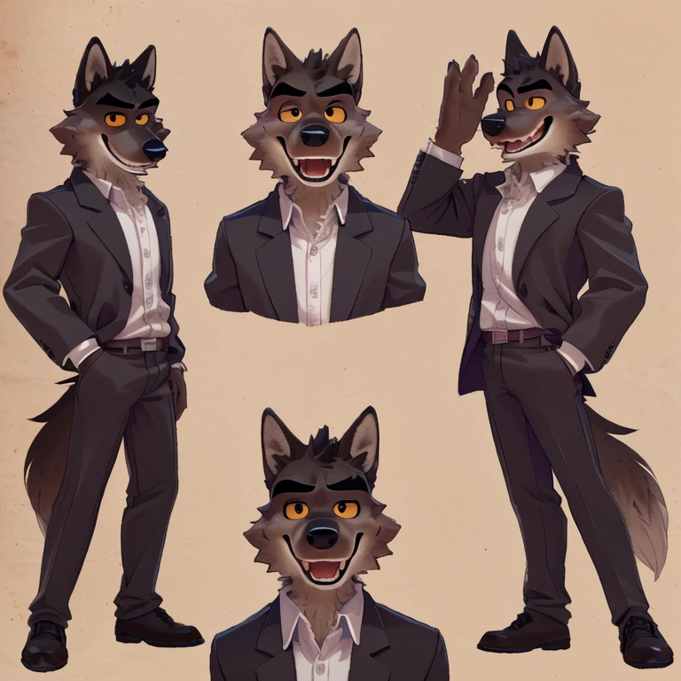 Mr. Wolf (The Bad Guys), Looking at viewer, Open Mouth, Sticking out tongue, Yelloe Eyes, Brown Fur, Wide-Eyed, Wolf Ears, Anatomically Correct, Seductive Smile, Raised Eyebrow, Oral Invitation, Simple background, Multiple Views, Character Sheet Full-Length, Character Design, Illustration, High Resolution, Super Detailed, Textured Skin, Naked, Penis, Full-Frontal, Full Shot