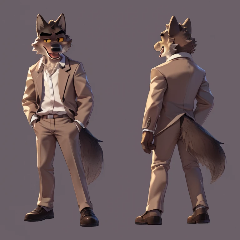 Mr. Wolf (The Bad Guys), Looking at viewer, Open Mouth, Sticking out tongue, Yelloe Eyes, Brown Fur, Wide-Eyed, Wolf Ears, Anatomically Correct, Seductive Smile, Raised Eyebrow, Oral Invitation, Simple background, Multiple Views, Character Sheet Full-Length, Character Design, Illustration, High Resolution, Super Detailed, Textured Skin, Naked, Penis, Full-Frontal, Full Shot