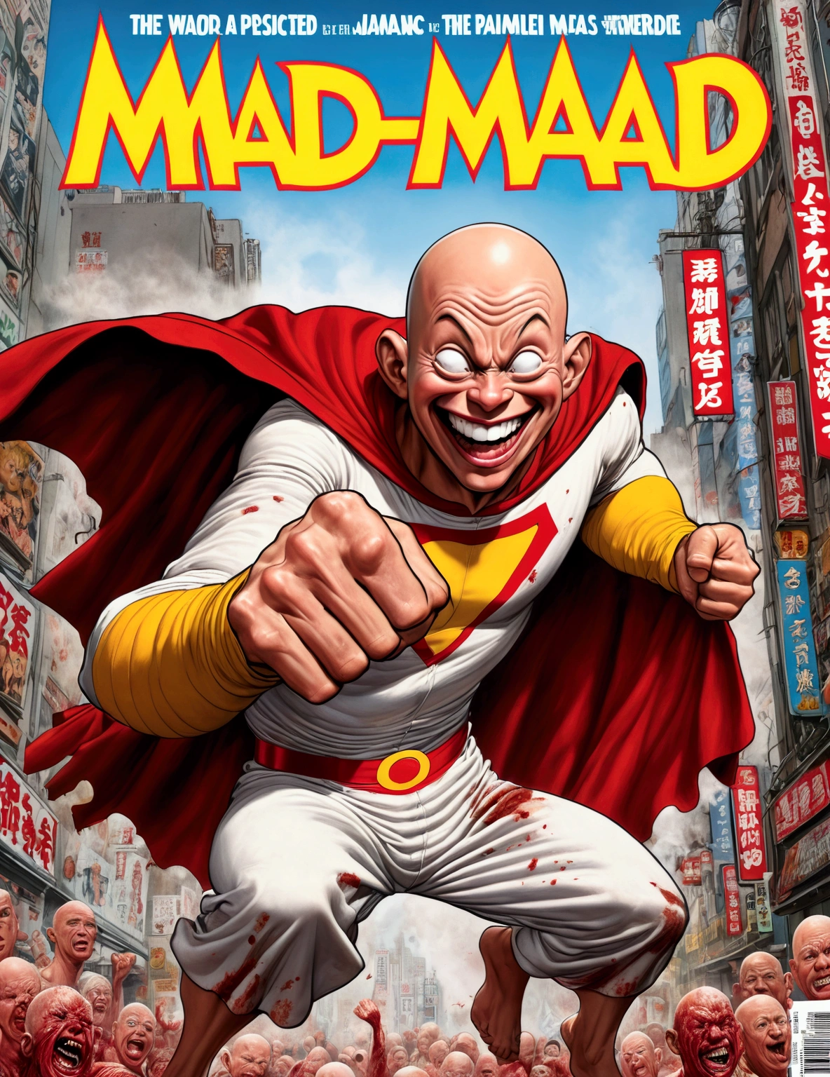 (Mad Magazine cover) (A muscular bald man with a wide grin, a classic Alfred E. Neuman face, classic Saitama pajama outfit with blanket cape) in a heroic one-punch pose, the bloody remains of a monster strewn across a panicked crowd in downtown Tokyo, dynamic action, cinematic lighting, digital painting, highly detailed, 8k, photorealistic, dynamic composition, dramatic atmosphere, striking colors, vibrant (title across the top MAD)
