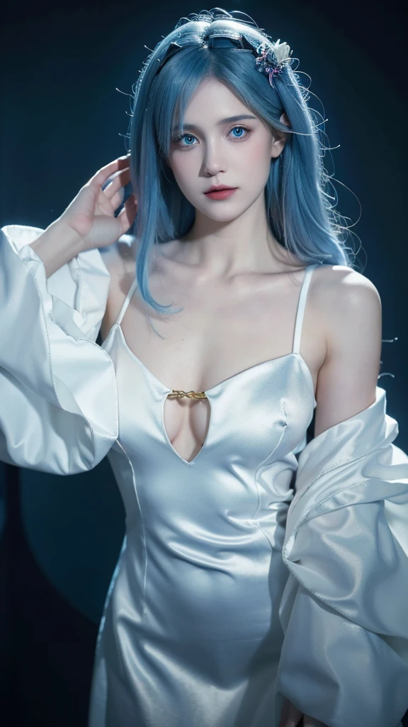 masterpiece, Ultra realistic, 16k, high quality, incredibly detailed, dream aesthetic, dream atmosphere, cinematic, work of art, (sharp focus: 1.5), (photorealistic: 1.3), featured (Beautiful blue-haired girl), Rem (from Re:zero), cinematic, detailed, 4k sharp focus, realistic. Gorgeous. goth makeup. Seductive. cute hair (short), Short pale-blue hair (cute fringe), framing her pale, (pale-white skin) alabaster skin that seems to glow ethereally. Her attire is goth. Voluptuous form. Turquoise blue eyes (intense eyes look). A symmetrical face ::2 goth clothes + trending on artstation + fantasy art + realistic cloth + fractals in the background, flowing hair --aspect 9:21 --uplight his otherworldly beauty. realistic skin texture, pale-white skin illuminated. realistic perfect shading. absurdres, realistic textures. solo, alone, 1girl. looking at viewer. female muscular body, toned body, defined muscles. Large natural breasts, cleavage. pantyhose, a (white) royal queen dress adorned in gold (realistic texture). In Different positions at different angles. Night background. unbelievably real, best quality, Photorealistic.