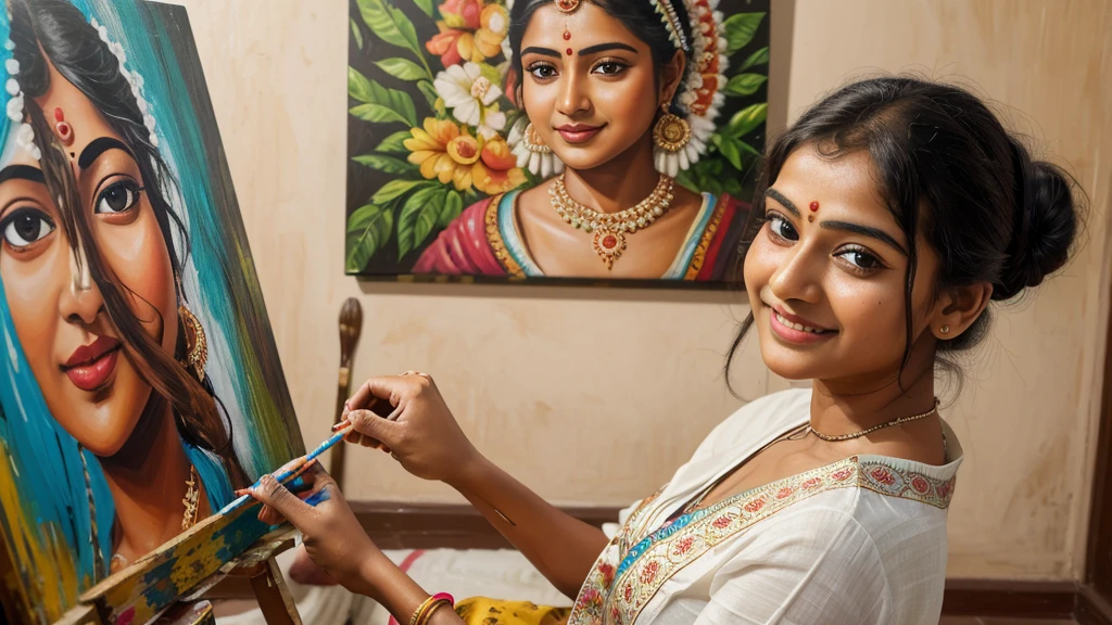 Create a hyper-realistic ultra hd 8k painting without borders in Medium shot of Susana, 21 years old Indian young girl in indian dress , high bun , cute little smile on her face with artistic tools, she is painting radha krishna potrait on a canvas , deeply immersed in painting in a modest middle class indian home.