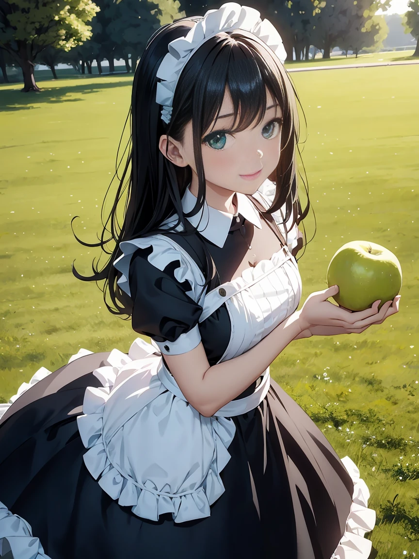 Draw the face in detail、1 ish girl、Maid costume、Professional lighting、Happy expression、Shiny black hair、Perfect anatomical structure、On a green meadow、Holding fruit，Standing on the grass