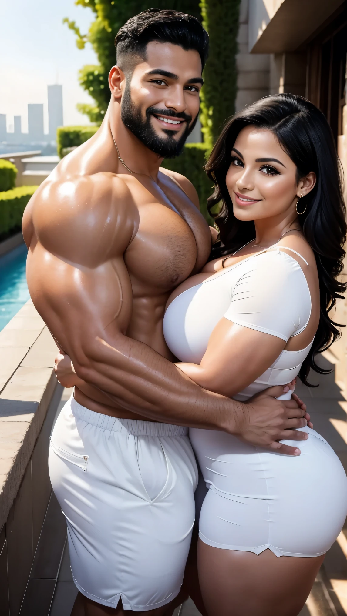 Latino woman and man, they are both 30 years old, hugged, romantic pose, She has a lot of time, wavy black hair, Rosto chubby lindo, corpo chubby, perfectbody, Curvy Body, Breasts huge, pele oleada, detailedeyes, detailed hands. He has straight black undercut hair, perfect model face, beard made, bodybuilder, The couple is on a beautiful terrace. He wears white shorts and she wears a white dress.. Both looking happily smiling at the camera. He is a little taller than her.