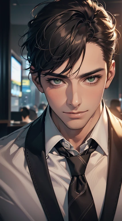 (Highest quality,4K,8K,High resolution,masterpiece:1.2),Super detailed,(Realistic,photoRealistic,photo-Realistic:1.37),1 person,36 years old,Mature Men,Beautiful skin、very handsome,Expressionless smile in love,Short gray black hair,green eyes,Sharp Eyes,A perfect face without a doubt,Businessman, CEO, Office Background,Cinema Lighting,HDR image,tie、