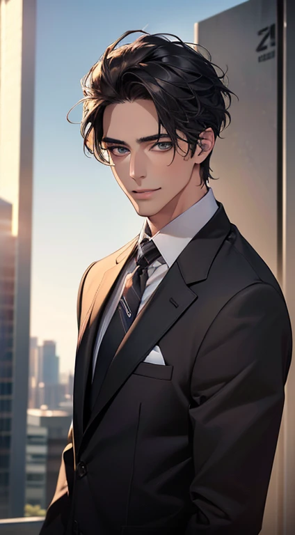 (Highest quality,4K,8K,High resolution,masterpiece:1.2),Super detailed,(Realistic,photoRealistic,photo-Realistic:1.37),1 person,34 years old,Mature Men,Beautiful skin、very handsome,Expressionless smile in love,Short gray black hair,green eyes,Sharp Eyes,A perfect face without a doubt,Businessman, CEO, Office Background,Cinema Lighting,HDR image,tie、