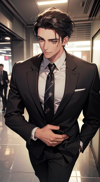 (Highest quality,4K,8K,High resolution,masterpiece:1.2),Super detailed,(Realistic,photoRealistic,photo-Realistic:1.37),1 person,34 years old,Mature Men,Beautiful skin、very handsome,Expressionless smile in love,Short gray black hair,green eyes,Sharp Eyes,A perfect face without a doubt,Businessman, CEO, Office Background,Cinema Lighting,HDR image,tie、