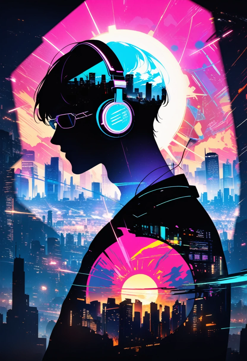 silhouette of a man in profile. short hair, (((sun glasses:1.3))), (headphones:1.3), Inside the silhouette you can see the with a deep cyberpunk, city, supernova explosion, cyberpunk night city back ground（masterpiece), ((double exposure)), proportional.,DOUBLE EXPOSURE
