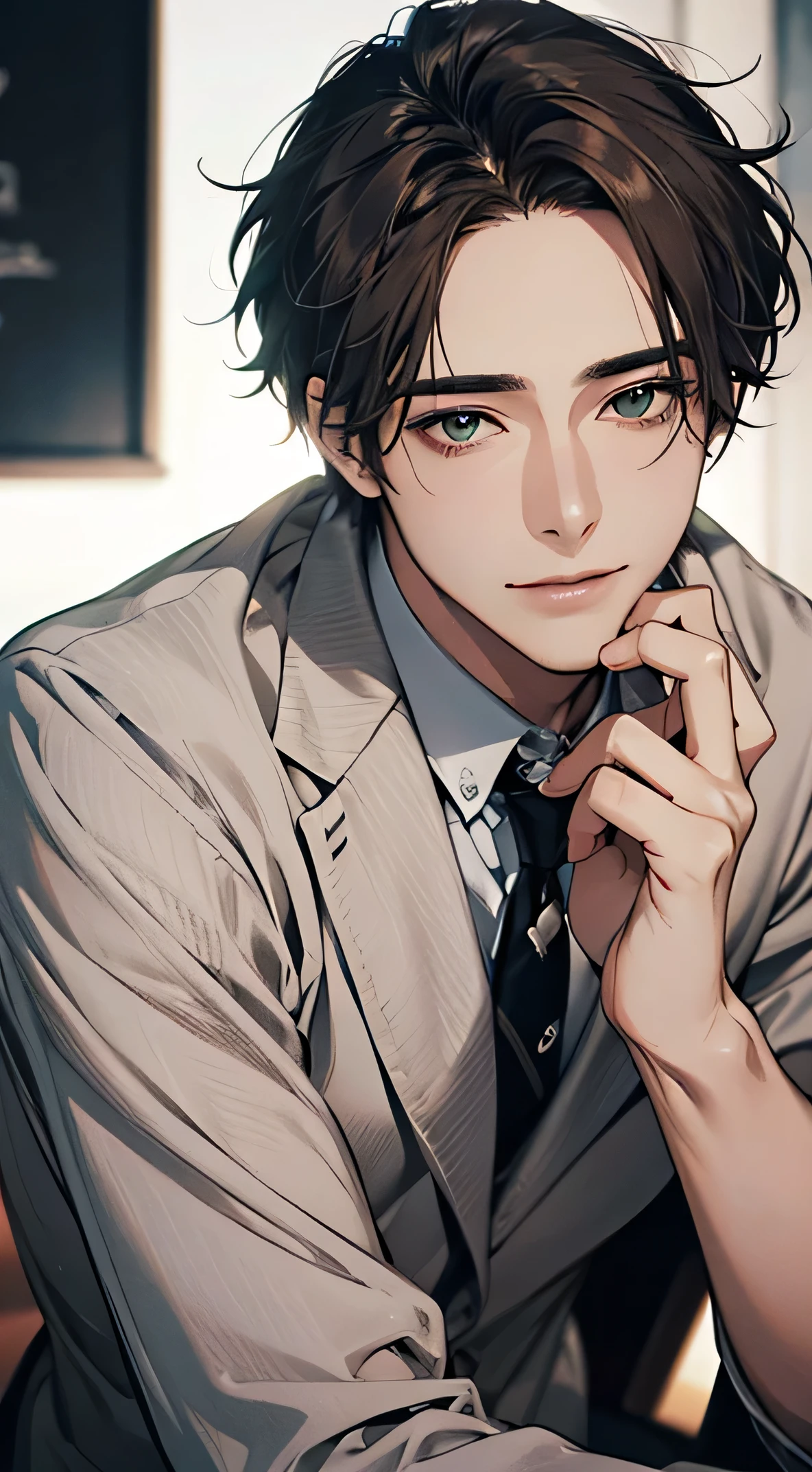 (Highest quality,4K,8k,High resolution,masterpiece:1.2),Very detailed,(Realistic,photoRealistic,photo-Realistic:1.37),1 person,Age 34,Mature Men,Beautiful Skin、very handsome,An expressionless smile in love,Short gray brown hair,Green Eyes,Sharp eyes,Absolutely perfect face,Businessman, chief executive officer(CEO), Office Background,Cinema Lighting,HDR image,tie、