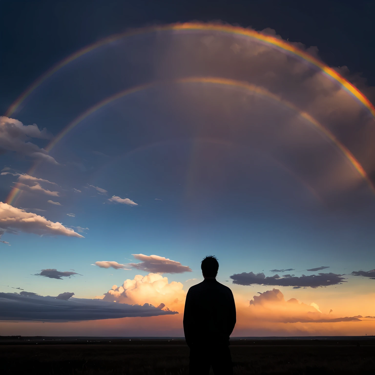 A high-resolution image depicting the silhouette of a man from behind, looking up at a vibrant rainbow in the sky. The background is a clear, expansive sky with some scattered clouds, emphasizing the beauty of the rainbow. The man's silhouette is distinct and well-defined, creating a striking contrast against the colorful arc of the rainbow. The overall scene conveys a sense of awe and wonder, capturing the serene and uplifting moment of witnessing a rainbow.

