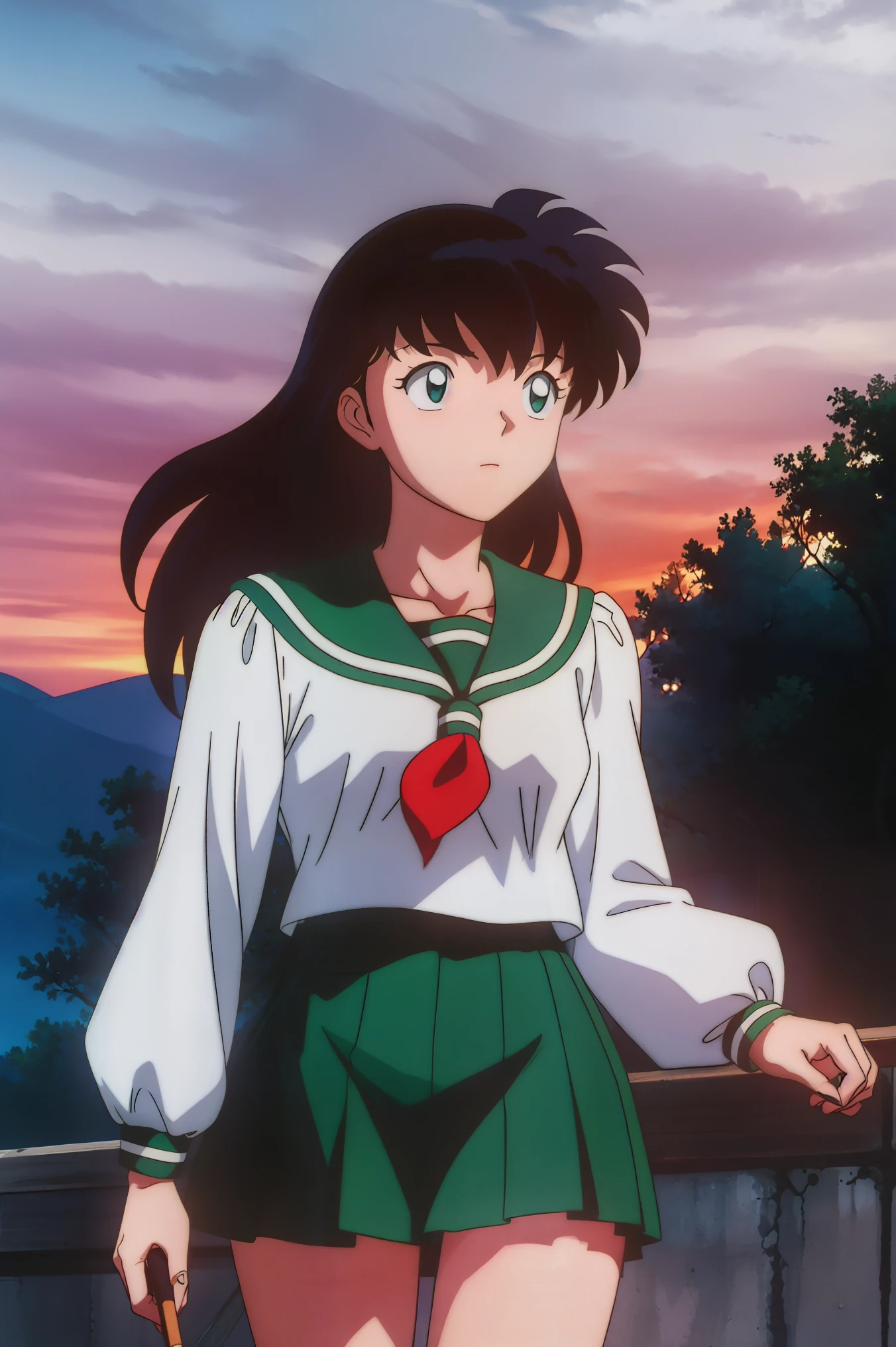 1 woman, alone, outdoors, long hair, blue eyes, ,(masterpiece: 1.6, best quality), (pretty and beautiful eyes: 1.2), (best quality, masterpiece, higher), green , soft thighs , long sleeves, white socks, sight , best quality, ((japanese cartoon movies)) ((colored)) HD ,Kagome Higurashi, standing, Green skirt, red scarf, long hair, blue hair between the eyes, My thighs are soft, school background , blue hair, skirt ,standing, green skirt, I have a microphone