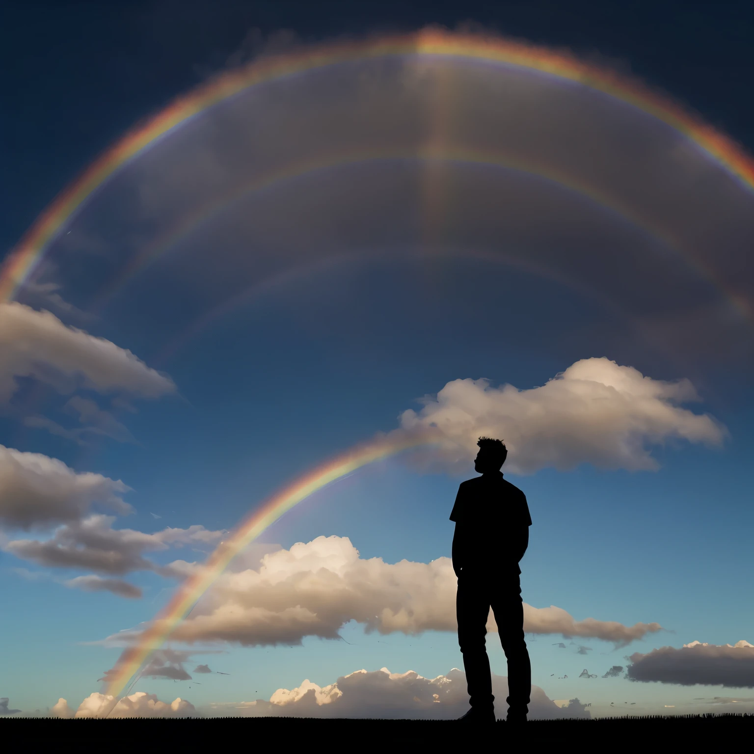 A high-resolution image depicting the silhouette of a man from behind, looking up at a vibrant rainbow in the sky. The background is a clear, expansive sky with some scattered clouds, emphasizing the beauty of the rainbow. The man's silhouette is distinct and well-defined, creating a striking contrast against the colorful arc of the rainbow. The overall scene conveys a sense of awe and wonder, capturing the serene and uplifting moment of witnessing a rainbow.