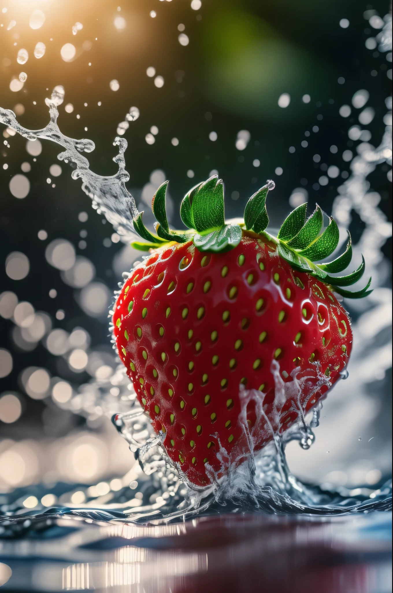 (8k, RAW photo, uhd, best quality, masterpiece:1.2), (realistic, photo-realistic:1.37), ultra-detailed, (high detailed skin:1.2), a strawberry, (dynamic movement:1.4), commercial photography, dappled sunlight, (cinematic look:1.2), light spread, ((splash water)), flashing particles , sharp focus, depth of field, vivid colors, simple background  