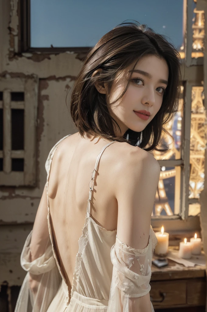 (((best quality))), (((ultra detailed))), (((masterpiece))), illustration,((a beautiful girl,solo)),(medium straight bob:1.3),((slim,thin)),((bare back,towering hips,butt crack)),(torn tattered short-sleeved sheer nightgown:1.3), (delicate skin:1.2), ,(in dark dilapidated bedroom:1.3),(rundown hotel:1.3),((faded walls, peeling paint, dusty carpet)),(standing:1.3),((window, city view, weak lights)),(majestic Eiffel Tower:1.3),(smile:1.2), tranquility, rough surroundings, edgy beauty,detailed eyes, hidden fire, soul,(summer:1.2),(night scene:1.3),((from back,upper body))