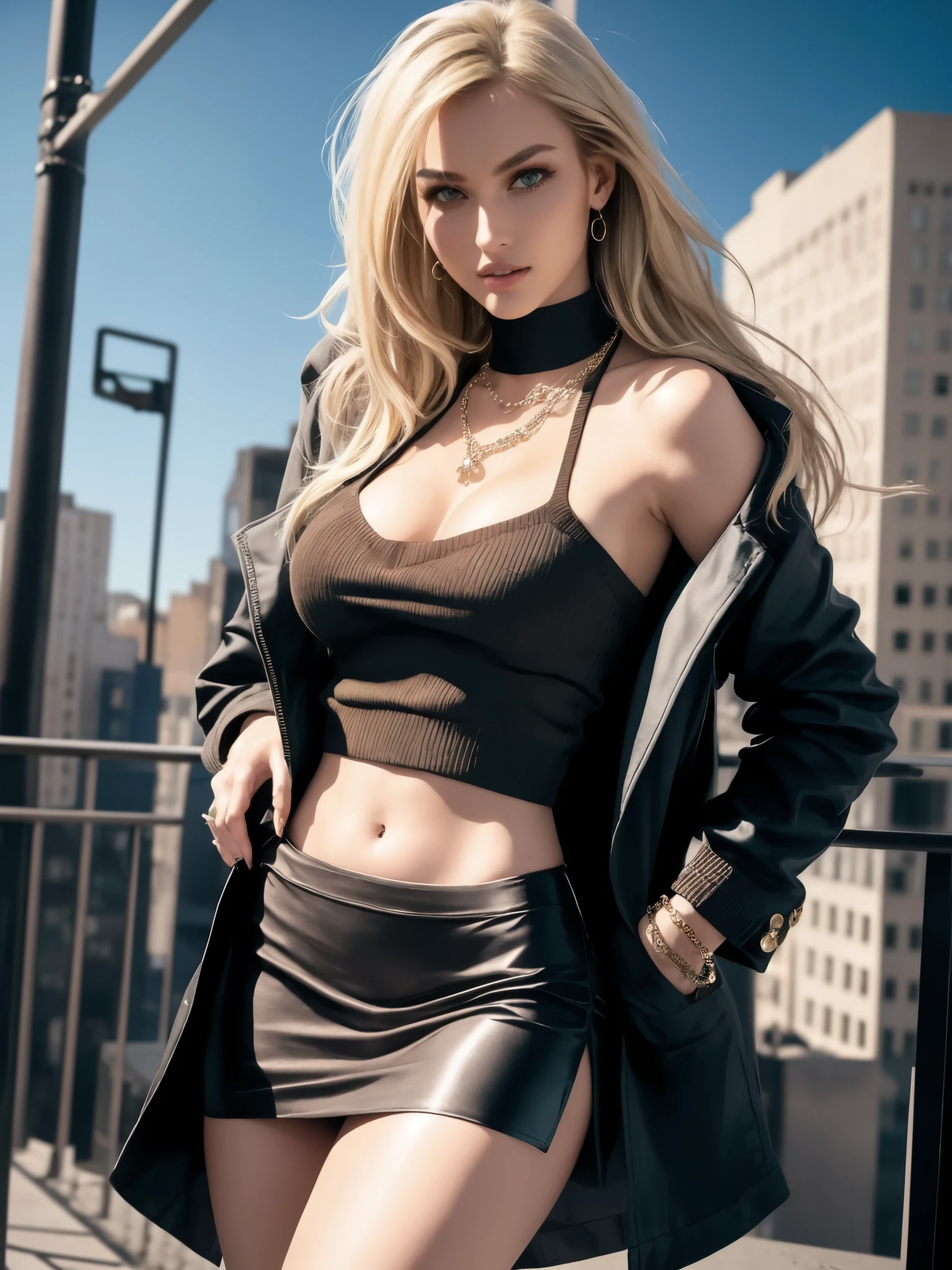 1girl, fashion model, stylish tailored blazer, detailed face, looking at viewer, parted lips, teeth, sleek hair, skirt, delicate diamond chain necklace, sweater tube top, editorial photography, long blonde hair, brown eyes, jewelry, realistic, sexy chic vibes,