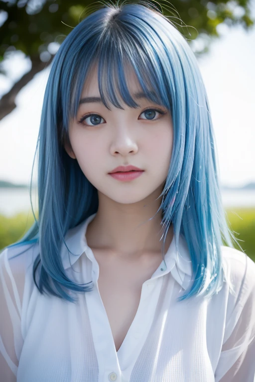 A cute 18-year-old Korean girl with blue eyes and a white blouse is posing for a photo. She has rainbow-colored hair, her face, a cute delicate face. soft portrait beautiful delicate face delicate beauty soft portrait beautiful portrait beautiful face of woman Portrait of soft light Soft, low-light portrait Portrait of a beautiful face Very beautiful face, big eyes