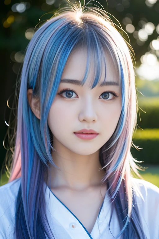 A cute 18-year-old Korean girl with blue eyes and a white blouse is posing for a photo. She has rainbow-colored hair, her face, a cute delicate face. soft portrait beautiful delicate face delicate beauty soft portrait beautiful portrait beautiful face of woman Portrait of soft light Soft, low-light portrait Portrait of a beautiful face Very beautiful face, big eyes