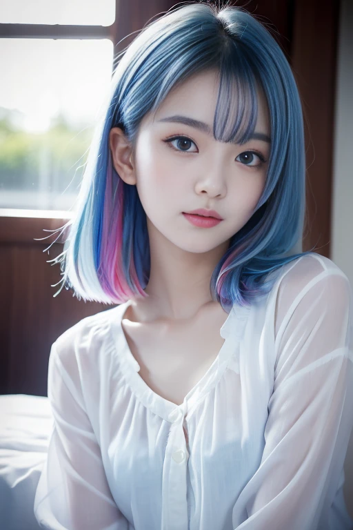 A cute 18-year-old Korean girl with blue eyes and a white blouse is posing for a photo. She has rainbow-colored hair, her face, a cute delicate face. soft portrait beautiful delicate face delicate beauty soft portrait beautiful portrait beautiful face of woman Portrait of soft light Soft, low-light portrait Portrait of a beautiful face Very beautiful face, big eyes