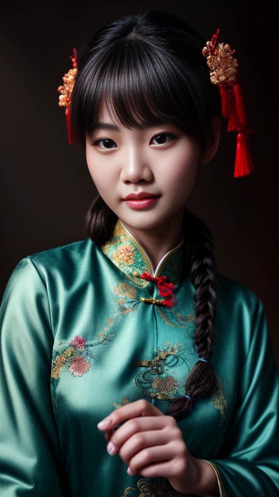 最high quality、high quality、Best image quality、8k、最High resolution、High resolution、最high quality、masterpiece、RAW Photos、whole body photos、Detailed and realistic human body、Detailed and realistic skin、Realistic face in every detail、Detailed and realistic eyes、Detailed and realistic lips、Detailed and realistic teeth、Detailed and realistic ears、Detailed and realistic hair、Realistic reproduction of every detail、((Beautiful Hands(thumb1、reference4))、Realistic feet down to the last detail、((Beautiful Chinese Girl)) 18 year old beautiful girl)) She is wearing a traditional Chinese outfit in a grayish color with black trim. Her hair is styled in a traditional manner with bangs and long braids.