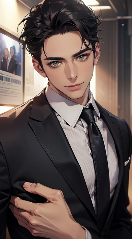 (Highest quality,4K,8K,High resolution,masterpiece:1.2),Super detailed,(Realistic,photoRealistic,photo-Realistic:1.37),1 person,34 years old,Mature Men,Beautiful skin、very handsome,Expressionless smile in love,Short gray black hair,green eyes,Sharp Eyes,A perfect face without a doubt,Businessman, CEO, Office Background,Cinema Lighting,HDR image,tie、