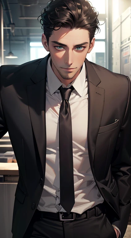 (Highest quality,4K,8K,High resolution,masterpiece:1.2),Super detailed,(Realistic,photoRealistic,photo-Realistic:1.37),1 person,34 years old,Mature Men,Beautiful skin、very handsome,Expressionless smile in love,Short gray black hair,green eyes,Sharp Eyes,A perfect face without a doubt,Businessman, CEO, Office Background,Cinema Lighting,HDR image,tie、