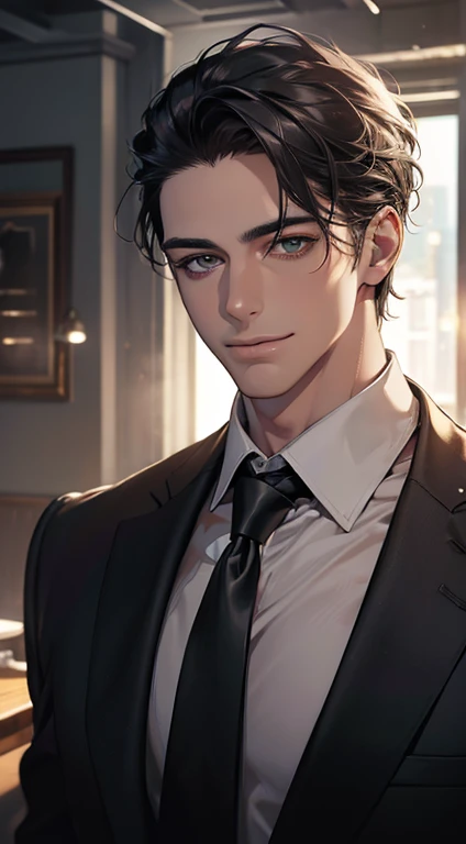 (Highest quality,4K,8K,High resolution,masterpiece:1.2),Super detailed,(Realistic,photoRealistic,photo-Realistic:1.37),1 person,34 years old,Mature Men,Beautiful skin、very handsome,Expressionless smile in love,Short gray black hair,green eyes,Sharp Eyes,A perfect face without a doubt,Businessman, CEO, Office Background,Cinema Lighting,HDR image,tie、
