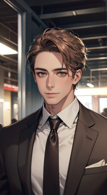 (Highest quality,4K,8K,High resolution,masterpiece:1.2),Super detailed,(Realistic,photoRealistic,photo-Realistic:1.37),1 person,34 years old,Mature Men,Beautiful skin、very handsome,Expressionless smile in love,Short gray brown hair,green eyes,Sharp Eyes,A perfect face without a doubt,Businessman, CEO, Office Background,Cinema Lighting,HDR image,tie、