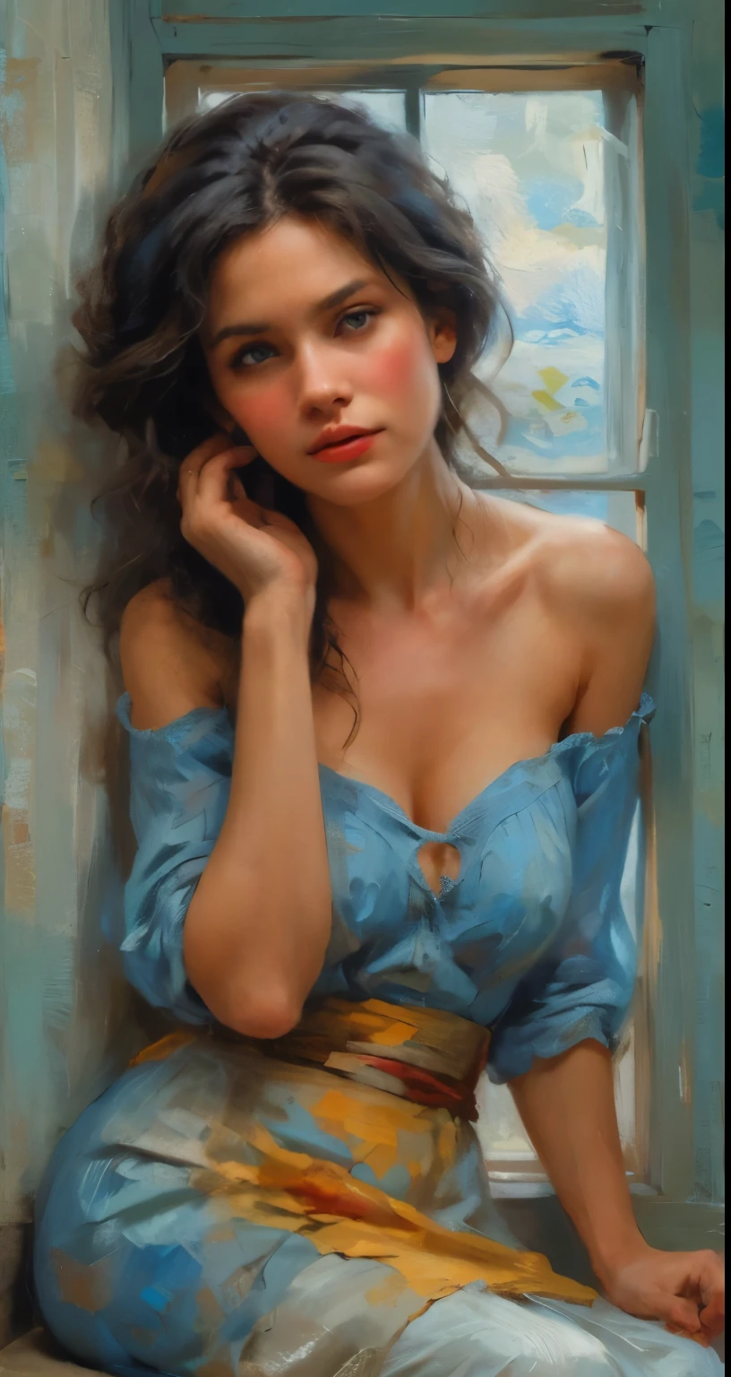 a painting of a woman sitting near a window, in the style of beautiful women, ultra realistic beautiful anatomically correct hands and fingers, playfully intricate, heavy impasto, i can't believe how beautiful this is, romantic flair, close-up --ar 7:13 --stylize 750 --v 6