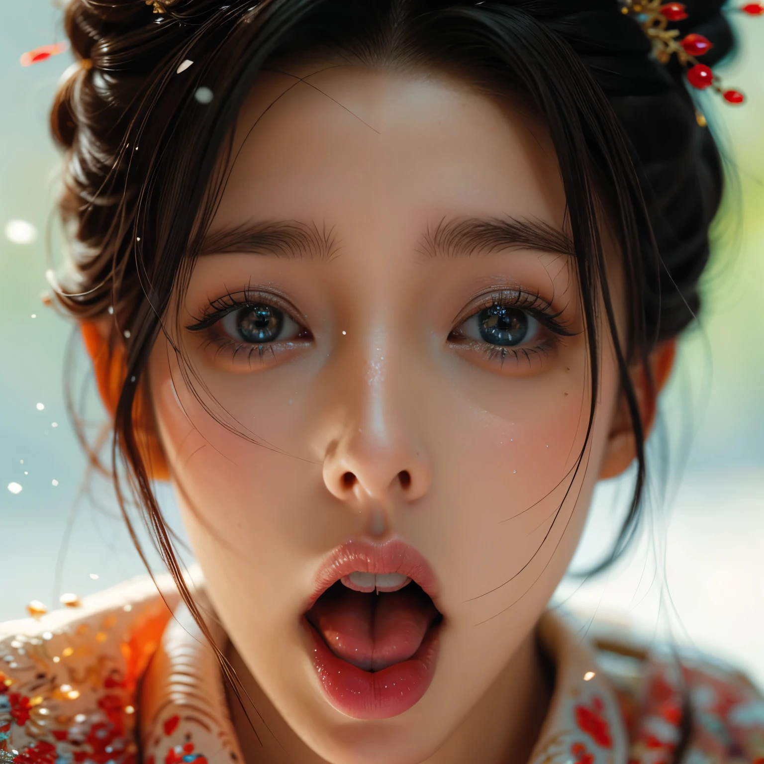 ExtremelyDetailed Kawaii girl Face (Close-up of KissableTongue)((Kissing to Camera)) glossy lips with beautiful details, extremely delicate and beautiful (TopQuality Masterpiece of 8K Ultra-detailed(ProfessionalPhoto:1.37)), {Amazing|finely detail|official art|incredibly absurdres} (close-up:1.22), fish eye lens (wide lens) macro lens, Detailed reflective Eyes ElaboratePupils with (sparkling highlights:1.28) Detailed(Voluminous LongEyelashes:0.88), {from Above|Visible back of throat|String of saliva drip}, (naked shoulder:1.32), Dripping(WhiteJuice on tongue:1.28) snow particles