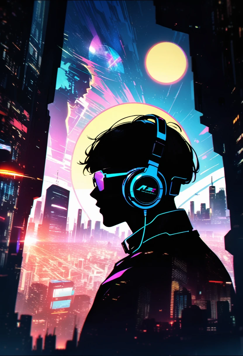 silhouette of a man in profile. short hair, (((sun glasses:1.3))), (headphones:1.3), Inside the silhouette you can see the with a deep cyberpunk, city, supernova explosion, cyberpunk night city back ground(masterpiece), ((double exposure)), proportional.,DOUBLE EXPOSURE