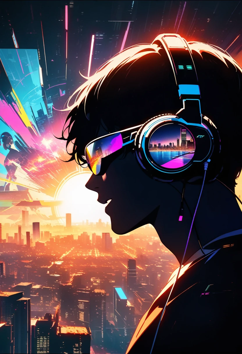 silhouette of a man in profile. short hair, (((sun glasses:1.3))), (headphones:1.3), Inside the silhouette you can see the with a deep cyberpunk, city, supernova explosion, cyberpunk night city back ground(masterpiece), ((double exposure)), proportional.,DOUBLE EXPOSURE