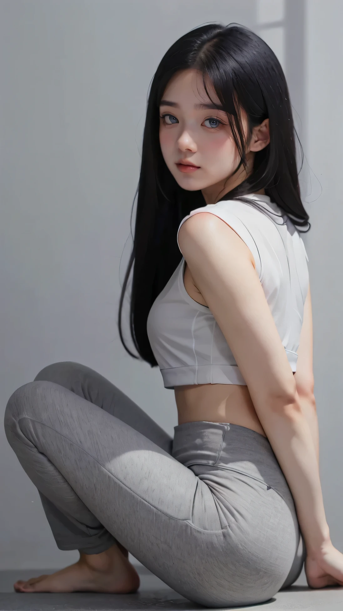 sfw, best quality, ultra high res, ultral detailed face and eyes, (photorealistic:1.4), 1girl, 18 years old girl, ((gym background)), (practice yoga:1.4), sports uniform,from front,(black:white:green yoga pants as lululemon:1.2), (light grey:black hair:1.4), looking at viewer, smiling, cute, small ass,(long legs),small breasts, narrow waist,