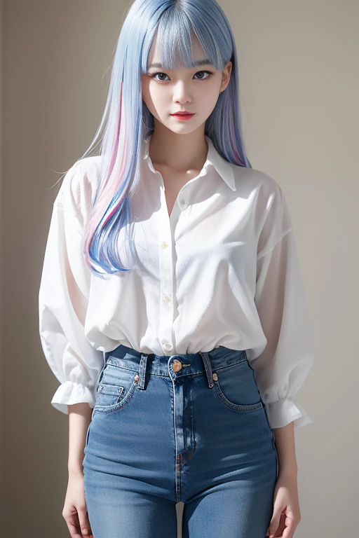 A cute 18-year-old Korean girl with blue eyes and a white blouse is posing for a photo. She has rainbow-colored hair and jeans. cute delicate face soft portrait beautiful delicate face delicate beauty soft portrait beautiful portrait beautiful face of woman Portrait of soft light Soft, low-light portrait Portrait of a beautiful face Very beautiful face, big eyes