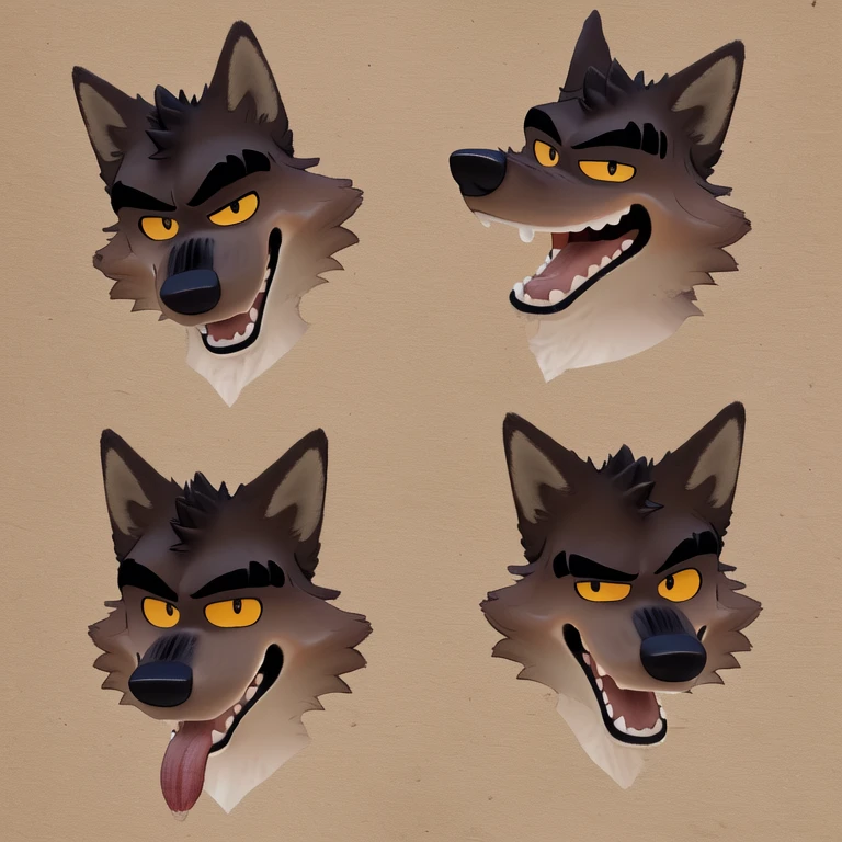 Mr. Wolf (The Bad Guys), Looking at viewer, Open Mouth, Sticking out tongue, Yellow Eyes, Brown Fur, Wide-Eyed, Wolf Ears, Anatomically Correct, Seductive Smile, Raised Eyebrow, Oral Invitation, Simple background, Multiple Views, Character Sheet Full-Length, Character Design, Illustration, High Resolution, Super Detailed, Textured Skin, Close-Up