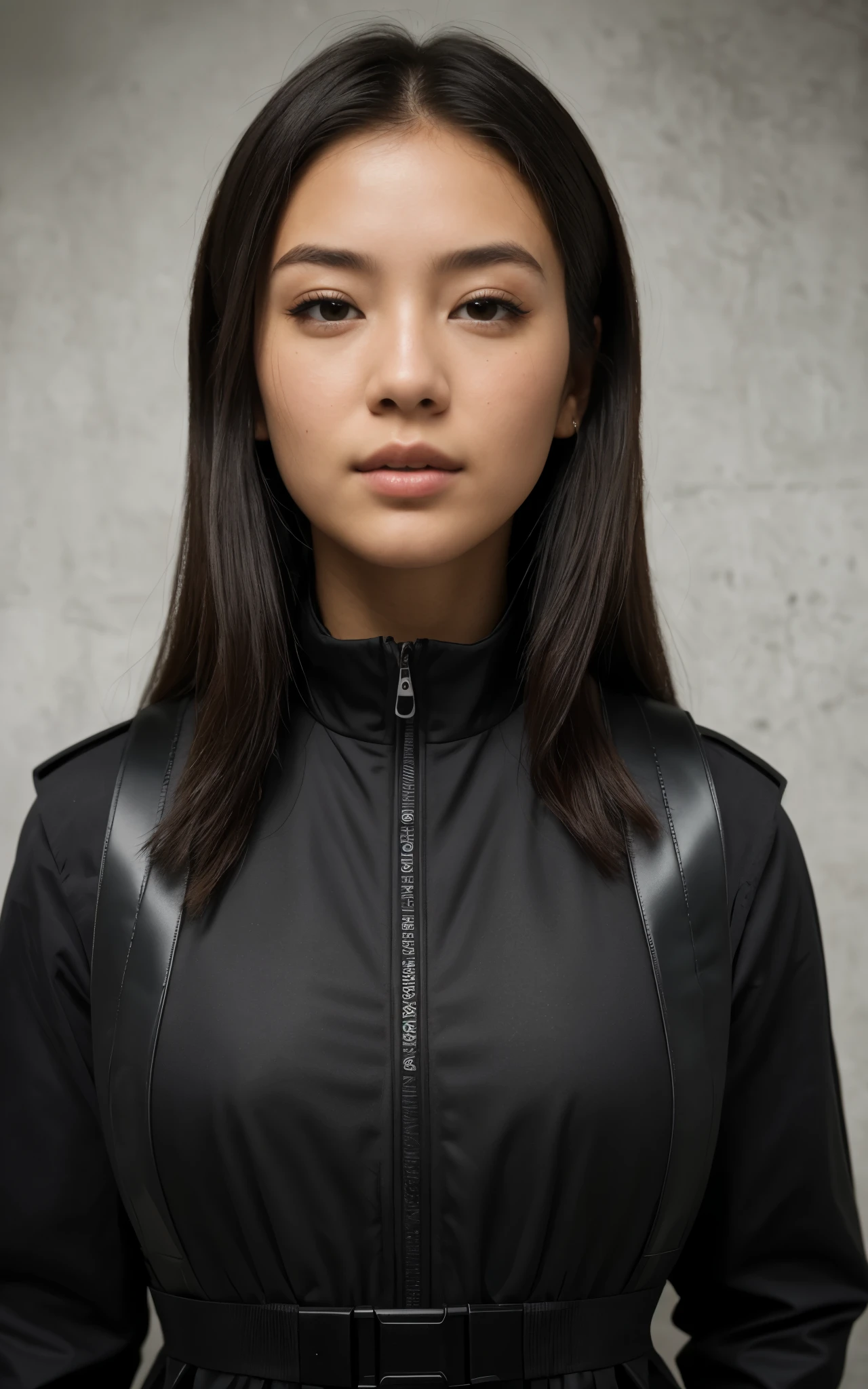 ((Best Quality, 8K, Masterpiece: 1.3, best quality)), photorealistic, photorealism, high resolution, ((face close up:1.2)), (detailed face skin, reallistic, Photorealsitic:1.37), face of 1girl, japanese, looking at the viewer, (Detailed face), medium long hair, (wearing dark rubber suit, tactical vests, military harness, high-tech headset), concrete wall background,