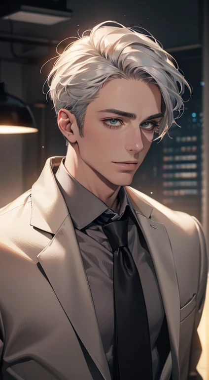 (Highest quality,4K,8K,High resolution,masterpiece:1.2),Super detailed,(Realistic,photoRealistic,photo-Realistic:1.37),1 person,34 years old,Mature Men,Beautiful skin、very handsome,Expressionless smile in love,Short gray silver hair,green eyes,Sharp Eyes,A perfect face without a doubt,Businessman, CEO, Office Background,Cinema Lighting,HDR image,tie、
