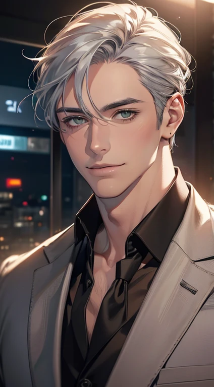 (Highest quality,4K,8K,High resolution,masterpiece:1.2),Super detailed,(Realistic,photoRealistic,photo-Realistic:1.37),1 person,34 years old,Mature Men,Beautiful skin、very handsome,Expressionless smile in love,Short gray silver hair,green eyes,Sharp Eyes,A perfect face without a doubt,Businessman, CEO, Office Background,Cinema Lighting,HDR image,tie、