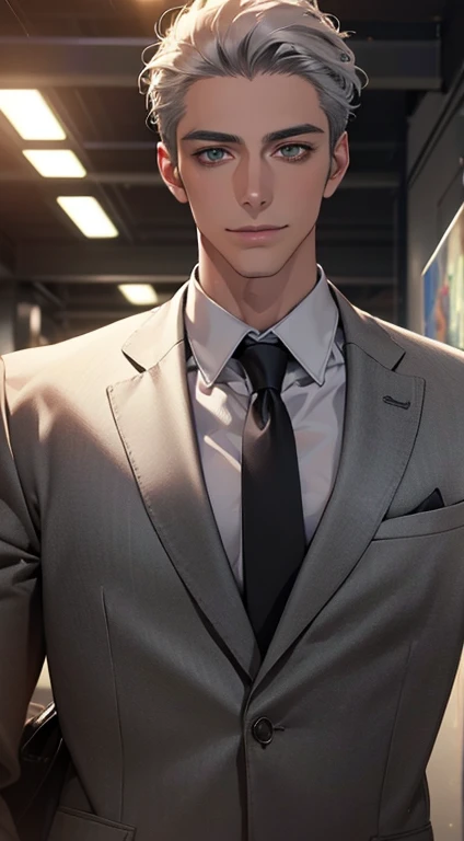 (Highest quality,4K,8K,High resolution,masterpiece:1.2),Super detailed,(Realistic,photoRealistic,photo-Realistic:1.37),1 person,34 years old,Mature Men,Beautiful skin、very handsome,Expressionless smile in love,Short gray silver hair,green eyes,Sharp Eyes,A perfect face without a doubt,Businessman, CEO, Office Background,Cinema Lighting,HDR image,tie、