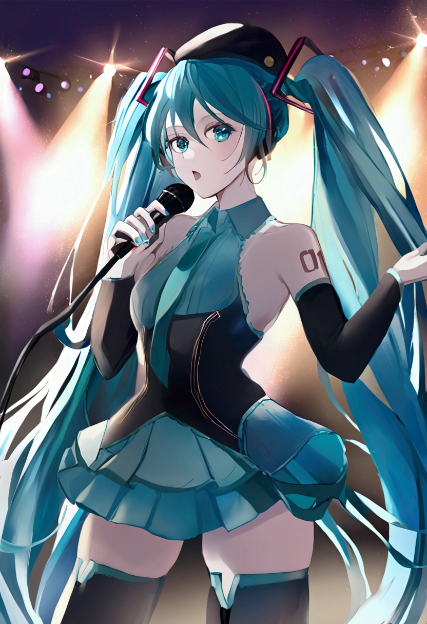 sexy and sensual Hatsune Miku, revealing cleavage, glowing skin, beautiful supple breasts, black or blue hair, mik, dynamic light,HatsuneMiku2019, teal eyes, teal hair, twintails, hat, dress, thigh highs,Idl, microphone holding microphone singing, stage stage lights. in Style 3B