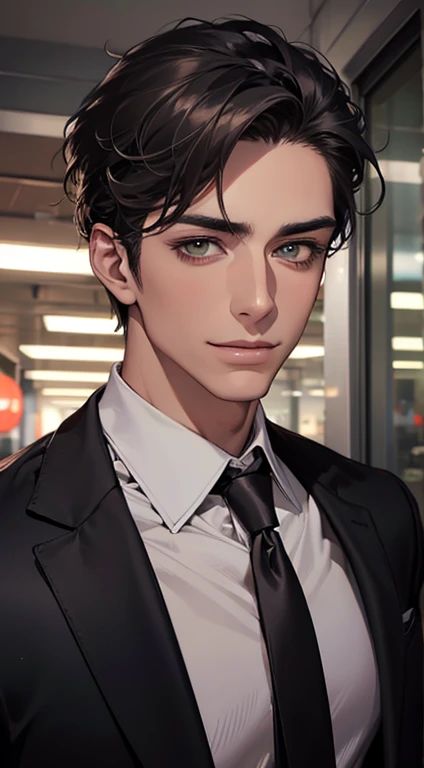 (Highest quality,4K,8K,High resolution,masterpiece:1.2),Super detailed,(Realistic,photoRealistic,photo-Realistic:1.37),1 person,34 years old,Mature Men,Beautiful skin、very handsome,Expressionless smile in love,Short gray black hair,green eyes,Sharp Eyes,A perfect face without a doubt,Businessman, CEO, Office Background,Cinema Lighting,HDR image,tie、