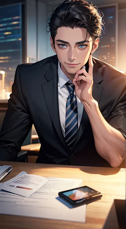 (Highest quality,4K,8K,High resolution,masterpiece:1.2),Super detailed,(Realistic,photoRealistic,photo-Realistic:1.37),1 person,34 years old,Mature Men,Beautiful skin、very handsome,Expressionless smile in love,Short gray black hair,green eyes,Sharp Eyes,A perfect face without a doubt,Businessman, CEO, Office Background,Cinema Lighting,HDR image,tie、