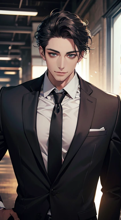 (Highest quality,4K,8K,High resolution,masterpiece:1.2),Super detailed,(Realistic,photoRealistic,photo-Realistic:1.37),1 person,34 years old,Mature Men,Beautiful skin、very handsome,Expressionless smile in love,Short gray black hair,green eyes,Sharp Eyes,A perfect face without a doubt,Businessman, CEO, Office Background,Cinema Lighting,HDR image,tie、