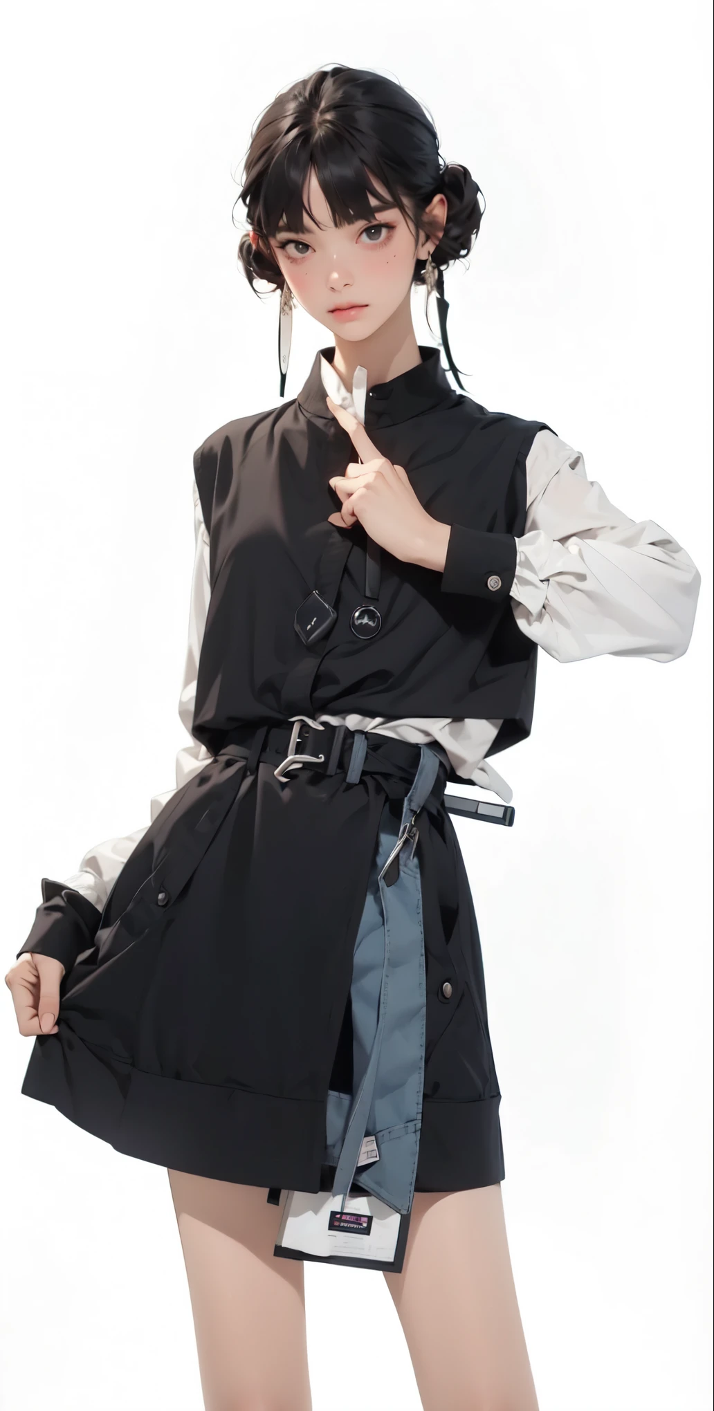 masterpiece, Top quality, Cowboy lens，Women&#39;s Focus，（1 Girl，solo，White background，Simple background，Hair Bun，Black Hair，skirt，belt，Looking at the audience，earrings，Jewelry，Long sleeve，Hammerhead，黑色skirt，Standing，Realism，Lips，Bangs，belt，中国风skirt，skirt上的竹叶印花，belt，index finger raised，permanent, Looking at the audience,Shut up,，Simple background，Solid color background，Light background